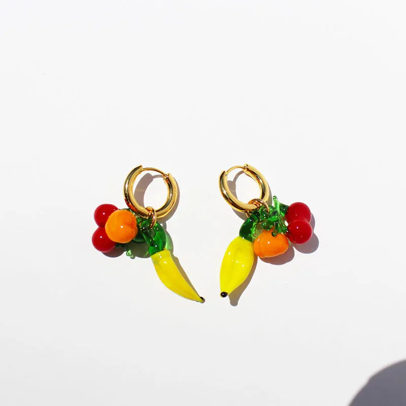 1 Pair Elegant Lady Streetwear Cherry Fruit Banana Glass Brass 24K Gold Plated Drop Earrings