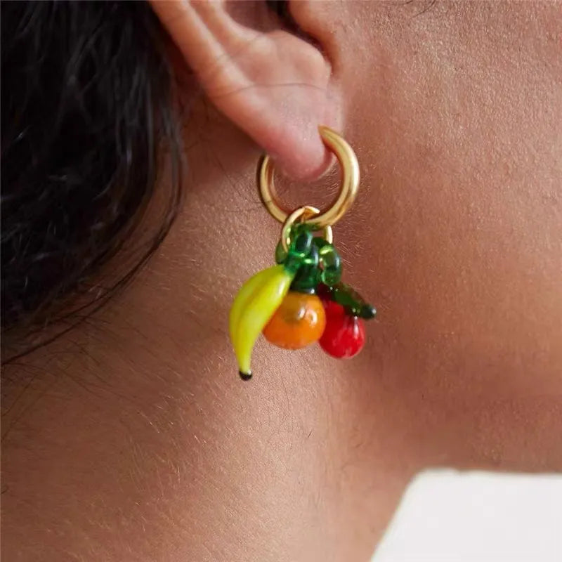 1 Pair Elegant Lady Streetwear Cherry Fruit Banana Glass Brass 24K Gold Plated Drop Earrings