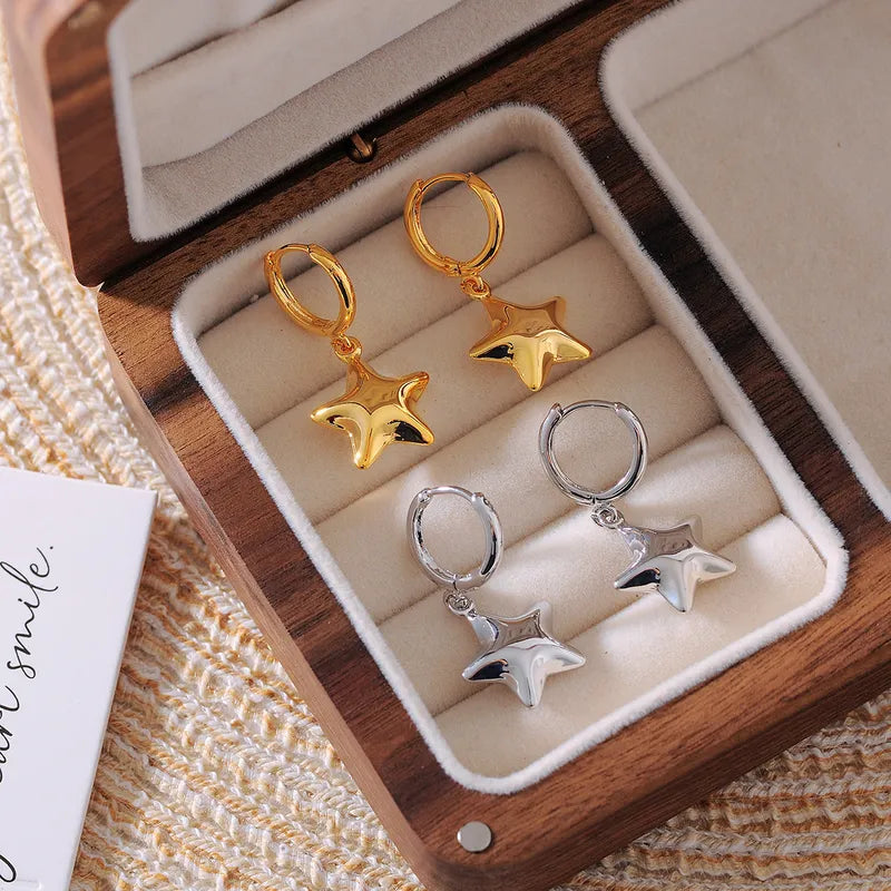 1 Pair Elegant Lady Streetwear Pentagram Copper 18K Gold Plated Drop Earrings