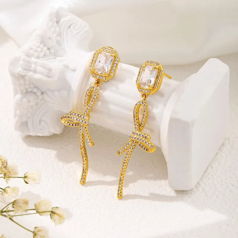 1 Pair Elegant Luxurious Bow Knot Plating Inlay Copper Zircon 18K Gold Plated Drop Earrings