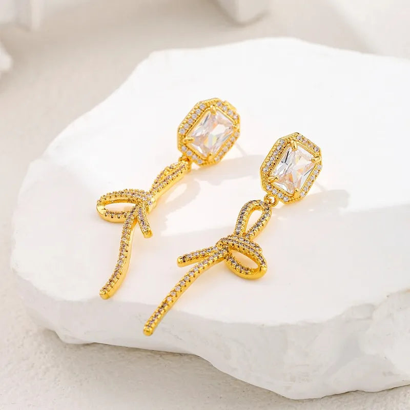 1 Pair Elegant Luxurious Bow Knot Plating Inlay Copper Zircon 18K Gold Plated Drop Earrings