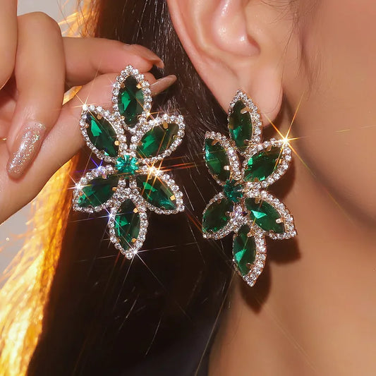 1 Pair Elegant Luxurious Bridal Leaves Rhinestone Copper Ear Studs