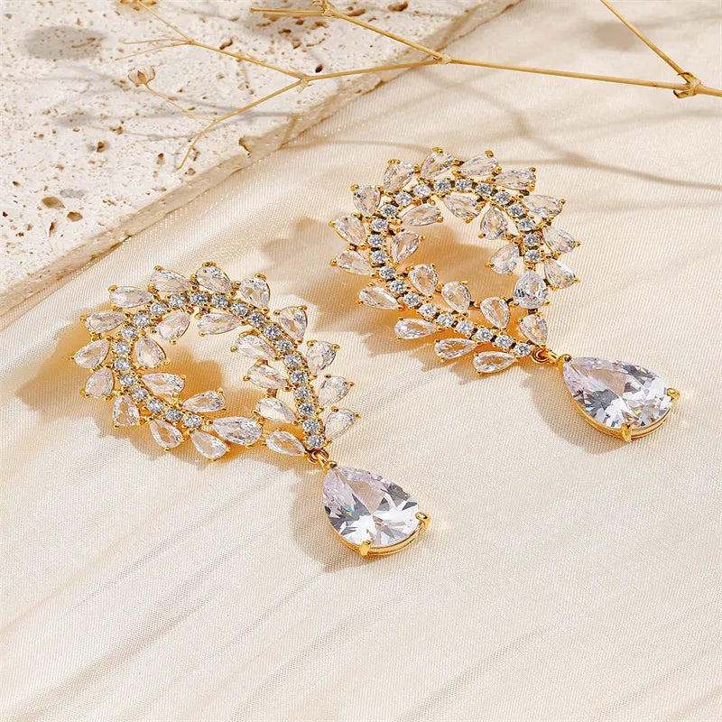 1 Pair Elegant Luxurious Geometric Water Droplets Inlay Copper Zircon 18K Gold Plated Drop Earrings