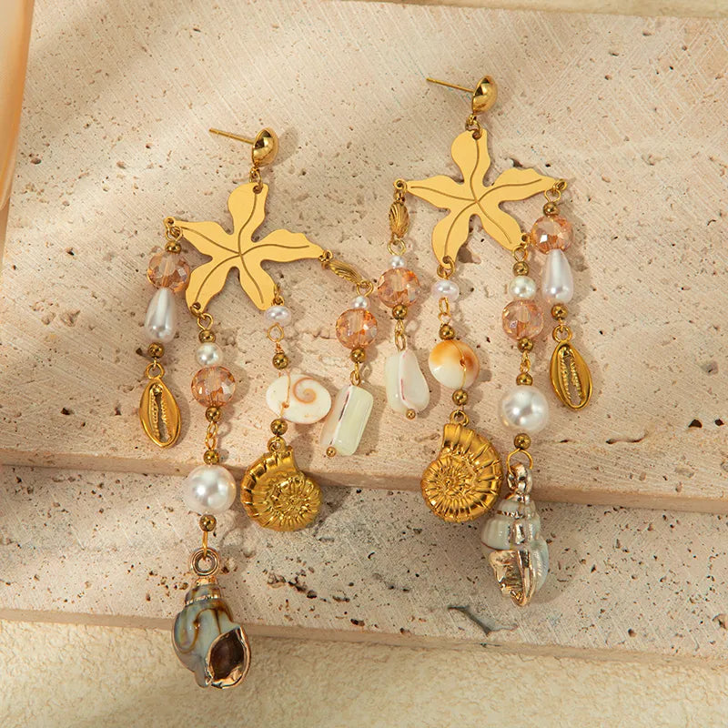 1 Pair Elegant Luxurious Starfish Conch Plating 304 Stainless Steel Gold Plated Drop Earrings