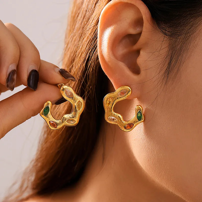 1 Pair Elegant Luxurious Vacation C Shape 304 Stainless Steel Glass Stone 18K Gold Plated Ear Studs