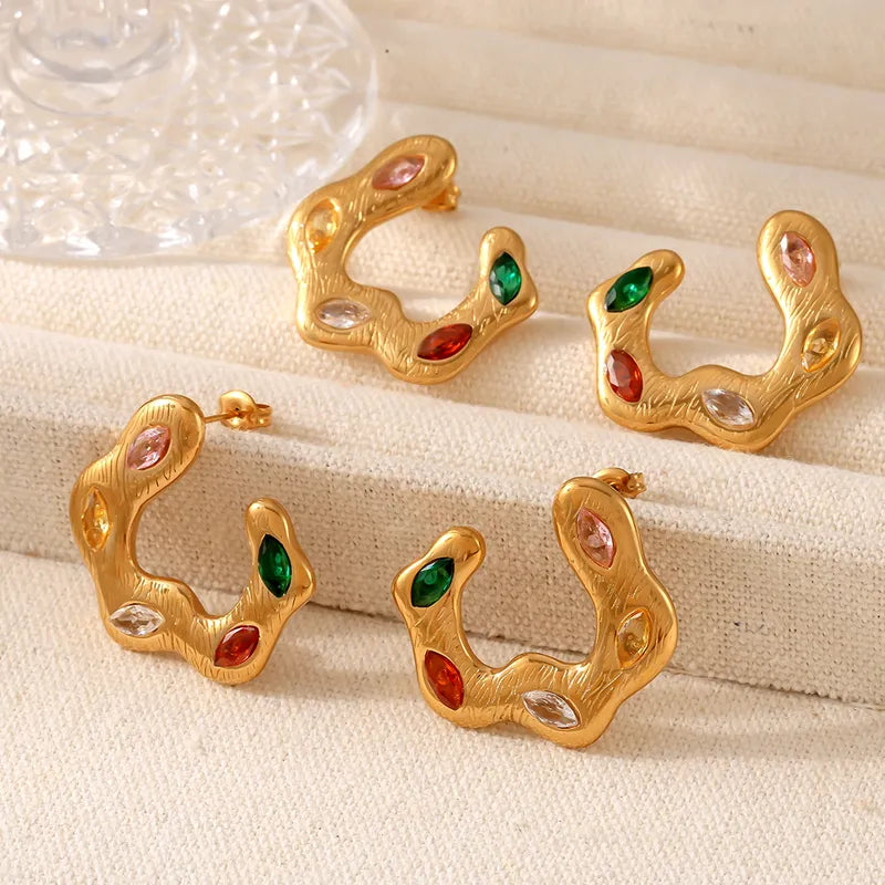 1 Pair Elegant Luxurious Vacation C Shape 304 Stainless Steel Glass Stone 18K Gold Plated Ear Studs