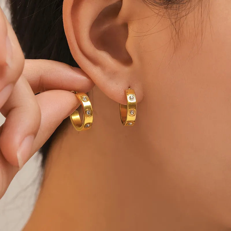 1 Pair Elegant Luxurious Vacation C Shape Titanium Steel Zircon 18K Gold Plated Ear Studs