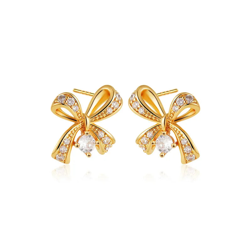 1 Pair Elegant Modern Style Bow Knot Copper Zircon 18K Gold Plated Ear Studs