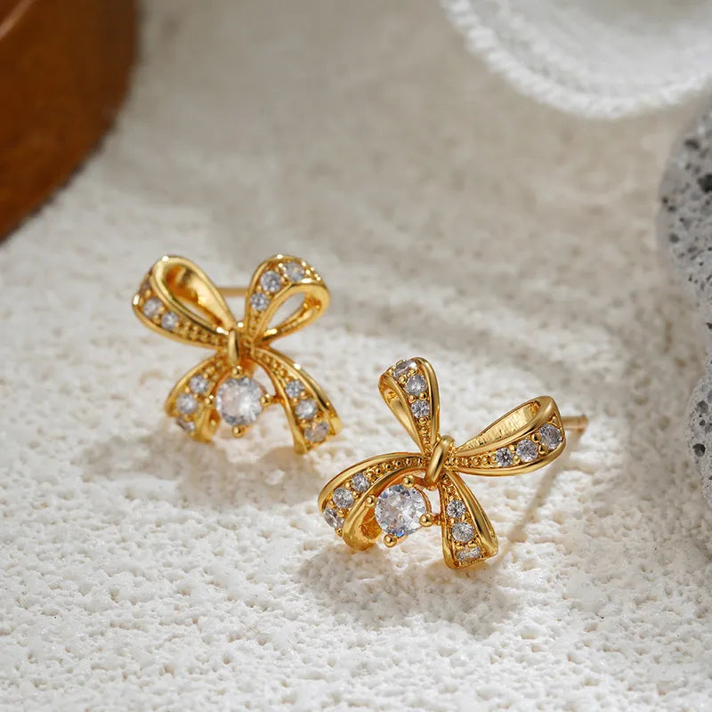 1 Pair Elegant Modern Style Bow Knot Copper Zircon 18K Gold Plated Ear Studs