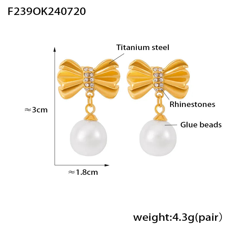 1 Pair Elegant Modern Style Commute Tassel Bow Knot Inlay Titanium Steel Artificial Pearls Rhinestones 18K Gold Plated Drop Earrings