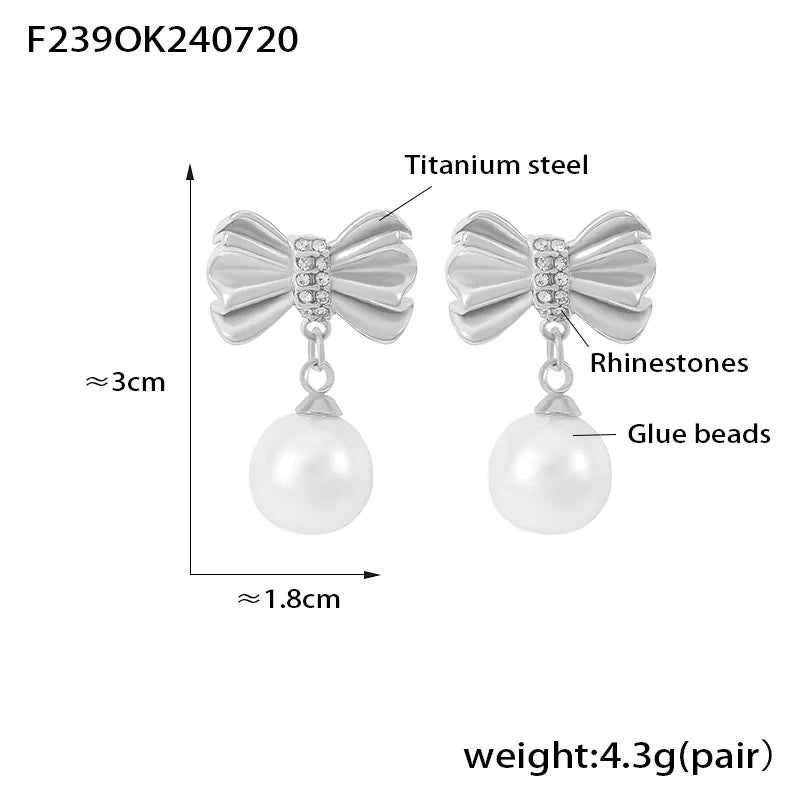 1 Pair Elegant Modern Style Commute Tassel Bow Knot Inlay Titanium Steel Artificial Pearls Rhinestones 18K Gold Plated Drop Earrings