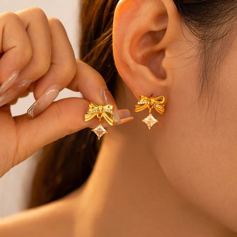 1 Pair Elegant Princess Sweet Bow Knot Inlay Titanium Steel Rhinestones Zircon 18K Gold Plated Drop Earrings