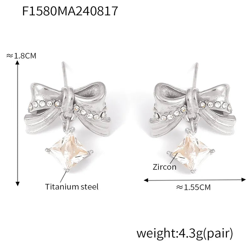 1 Pair Elegant Princess Sweet Bow Knot Inlay Titanium Steel Rhinestones Zircon 18K Gold Plated Drop Earrings