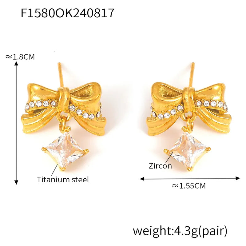 1 Pair Elegant Princess Sweet Bow Knot Inlay Titanium Steel Rhinestones Zircon 18K Gold Plated Drop Earrings