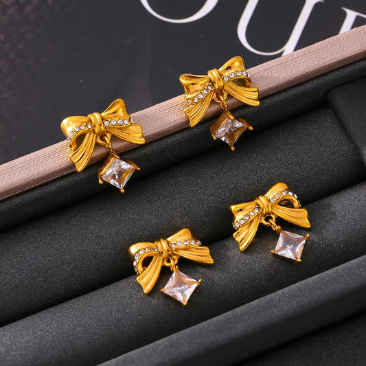 1 Pair Elegant Princess Sweet Bow Knot Inlay Titanium Steel Rhinestones Zircon 18K Gold Plated Drop Earrings