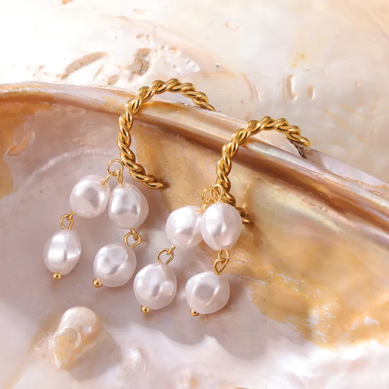 1 Pair Elegant Retro C Shape Round Oval Beaded Plating 304 Stainless Steel Artificial Pearl 18K Gold Plated Drop Earrings