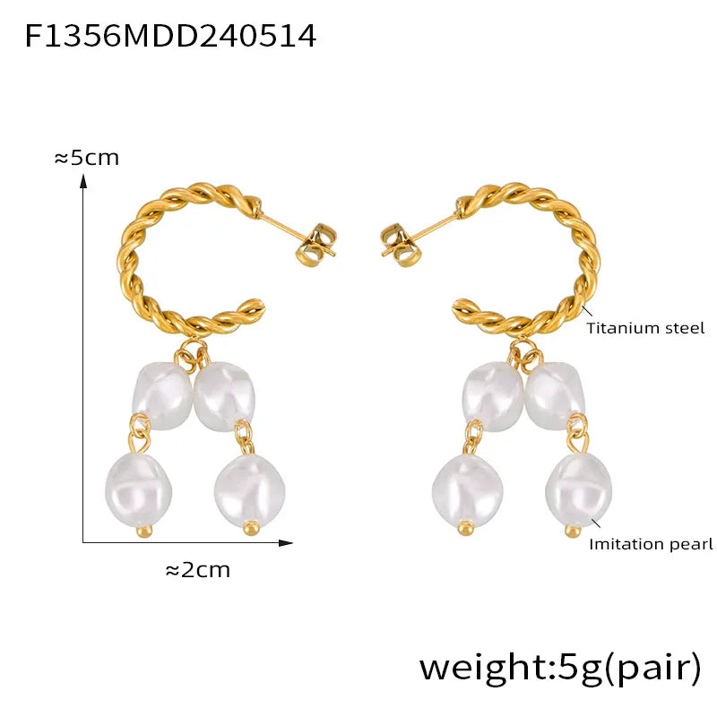 1 Pair Elegant Retro C Shape Round Oval Beaded Plating 304 Stainless Steel Artificial Pearl 18K Gold Plated Drop Earrings