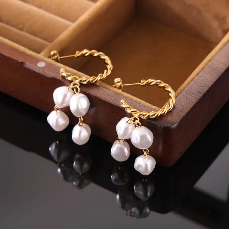 1 Pair Elegant Retro C Shape Round Oval Beaded Plating 304 Stainless Steel Artificial Pearl 18K Gold Plated Drop Earrings