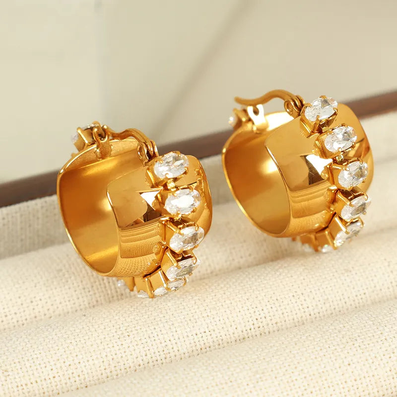 1 Pair Elegant Retro French Style C Shape Semicircle Polishing Plating Inlay 304 Stainless Steel Zircon 18K Gold Plated Earrings