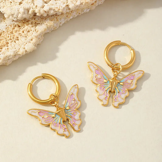 1 Pair Elegant Retro Luxurious Butterfly Epoxy 304 Stainless Steel 18K Gold Plated Drop Earrings