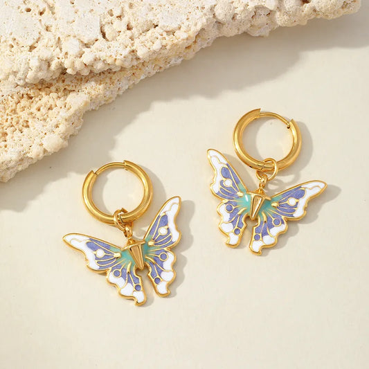 1 Pair Elegant Retro Luxurious Butterfly Epoxy 304 Stainless Steel 18K Gold Plated Drop Earrings