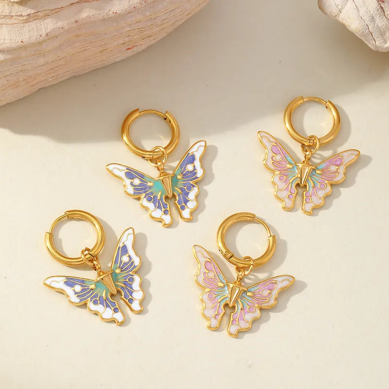 1 Pair Elegant Retro Luxurious Butterfly Epoxy 304 Stainless Steel 18K Gold Plated Drop Earrings