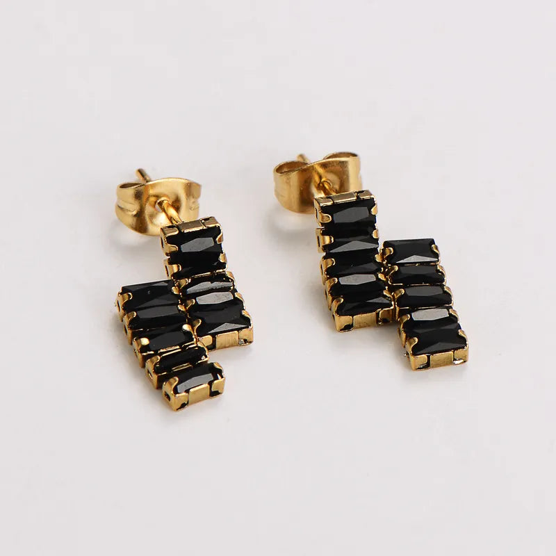 1 Pair Elegant Shiny Geometric Rectangle Inlay 304 Stainless Steel Zircon Drop Earrings