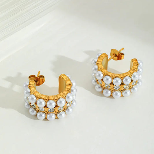 1 Pair Elegant Simple Style Artistic C Shape 304 Stainless Steel Imitation Pearl Zircon 18K Gold Plated Ear Studs