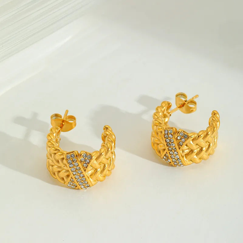 1 Pair Elegant Simple Style Artistic C Shape 304 Stainless Steel Imitation Pearl Zircon 18K Gold Plated Ear Studs