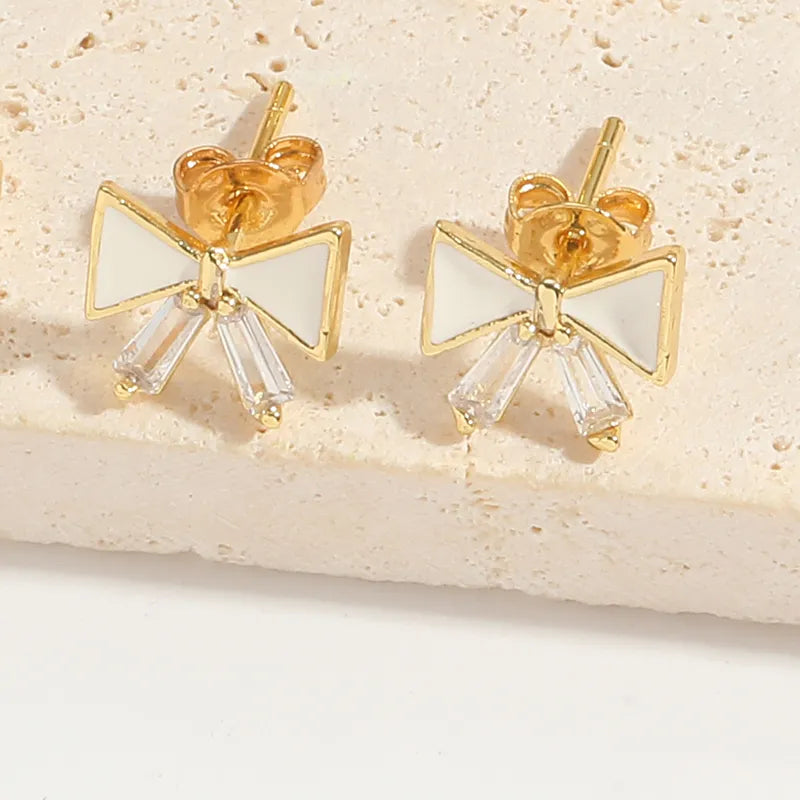 1 Pair Elegant Simple Style Commute Water Droplets Bow Knot Enamel Inlay Copper Zircon 14K Gold Plated Ear Studs