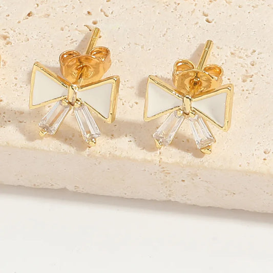 1 Pair Elegant Simple Style Commute Water Droplets Bow Knot Enamel Inlay Copper Zircon 14K Gold Plated Ear Studs