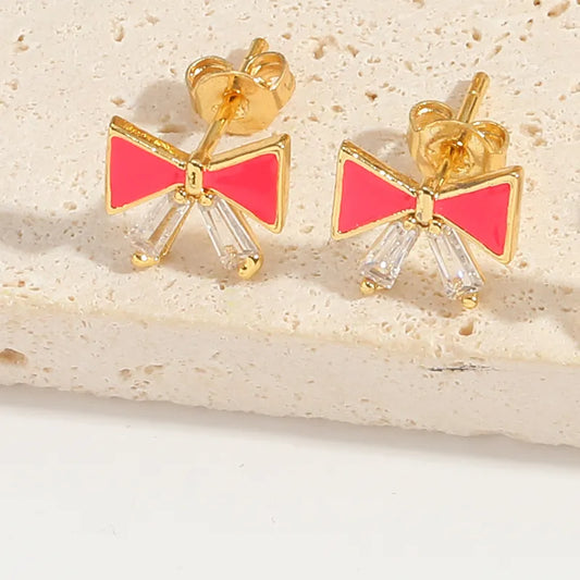 1 Pair Elegant Simple Style Commute Water Droplets Bow Knot Enamel Inlay Copper Zircon 14K Gold Plated Ear Studs