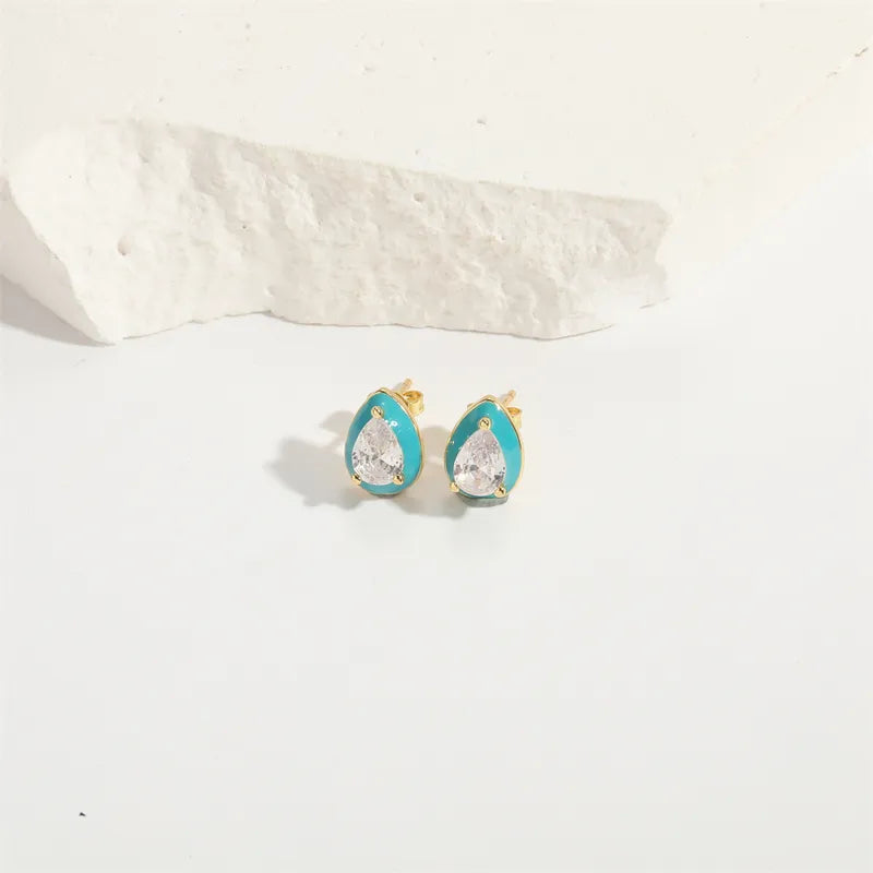 1 Pair Elegant Simple Style Commute Water Droplets Bow Knot Enamel Inlay Copper Zircon 14K Gold Plated Ear Studs