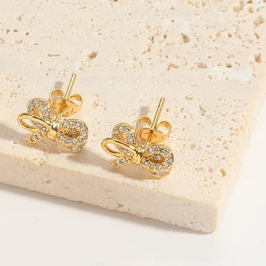 1 Pair Elegant Simple Style Commute Water Droplets Bow Knot Enamel Inlay Copper Zircon 14K Gold Plated Ear Studs