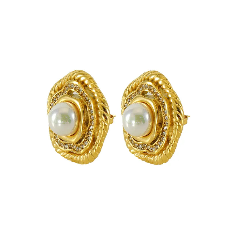 1 Pair Elegant Simple Style Flower Inlay Titanium Steel Artificial Pearls 18K Gold Plated Ear Studs