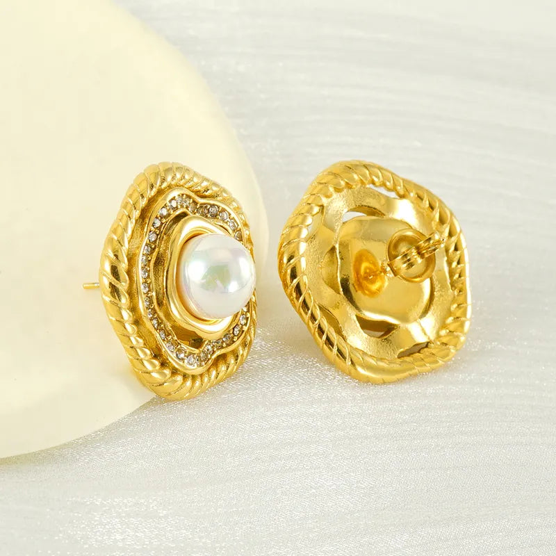 1 Pair Elegant Simple Style Flower Inlay Titanium Steel Artificial Pearls 18K Gold Plated Ear Studs