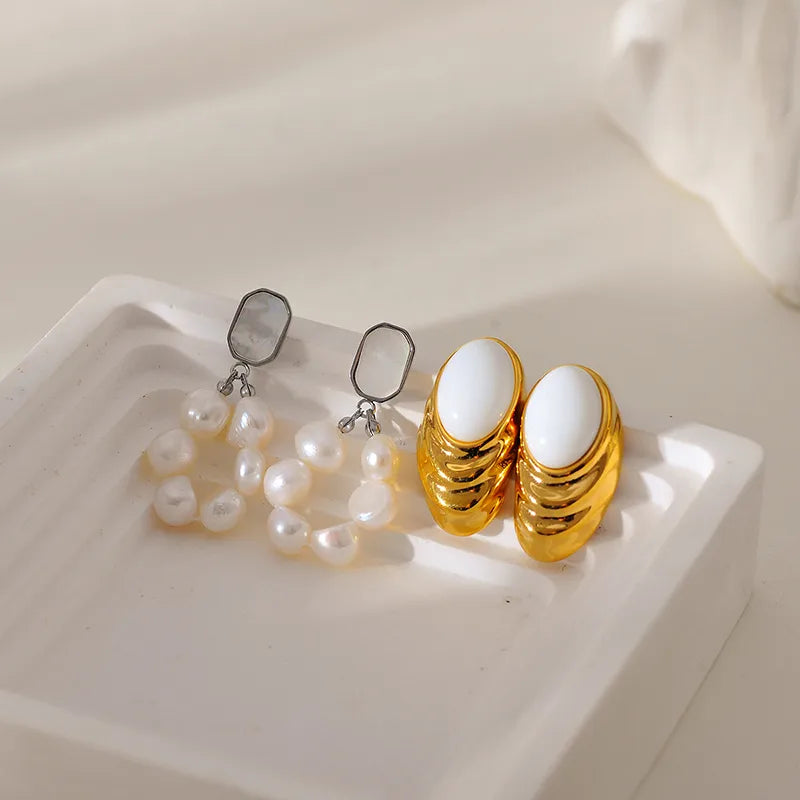 1 Pair Elegant Simple Style Geometric Beaded 304 Stainless Steel Freshwater Pearl Ear Studs