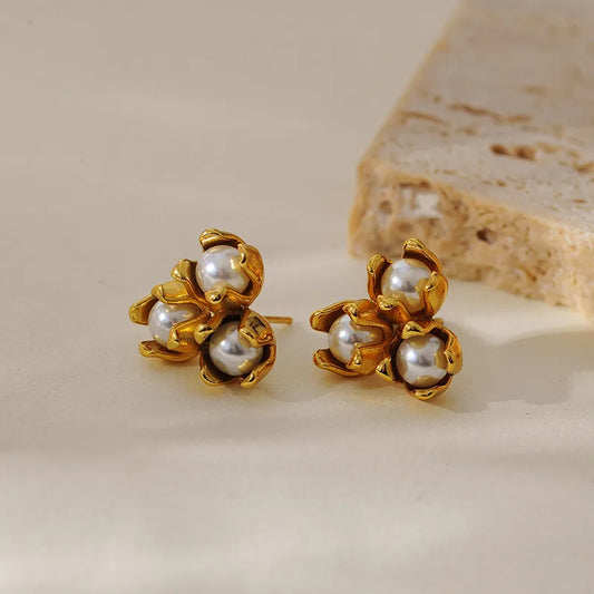 1 Pair Elegant Simple Style Geometric Flower Inlay 304 Stainless Steel Pearl Ear Studs