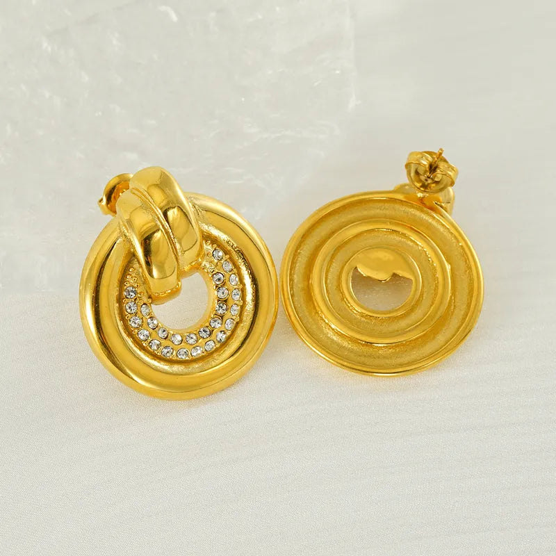 1 Pair Elegant Simple Style Geometric Inlay Titanium Steel Rhinestones 18K Gold Plated Drop Earrings