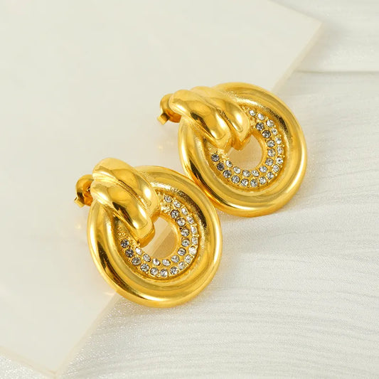 1 Pair Elegant Simple Style Geometric Inlay Titanium Steel Rhinestones 18K Gold Plated Drop Earrings