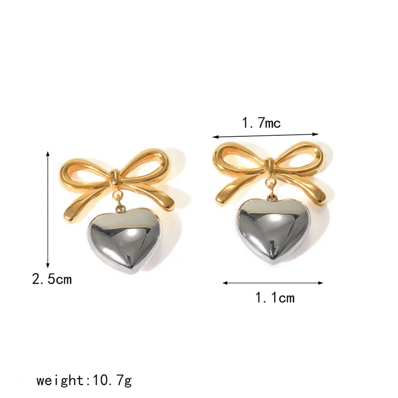 Style Heart Shape Bow Knot Plating 304 Stainless Steel 18K Gold Plated Drop Earrings