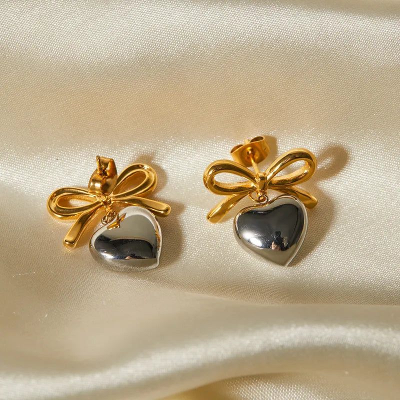 Style Heart Shape Bow Knot Plating 304 Stainless Steel 18K Gold Plated Drop Earrings