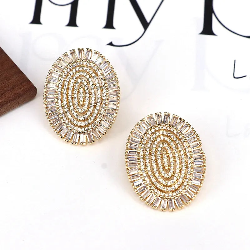 1 Pair Elegant Simple Style Oval Inlay Copper Zircon 18K Gold Plated Ear Studs