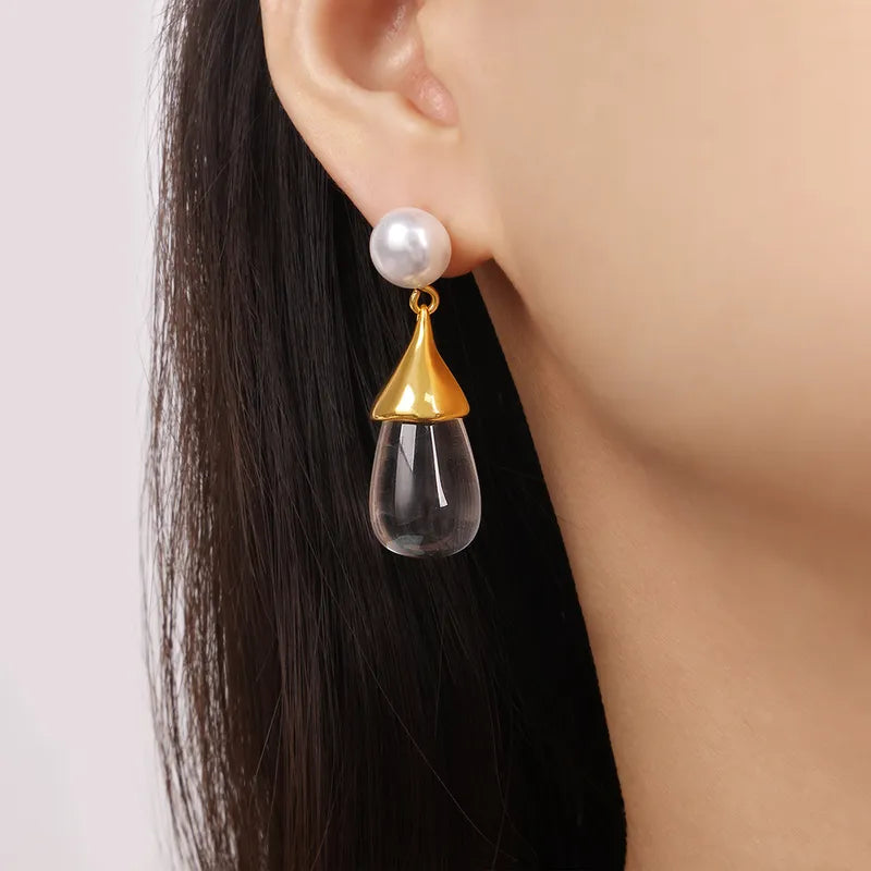 1 Pair Elegant Simple Style Water Droplets Plating Inlay Imitation Pearl Resin Titanium Steel Resin Drop Earrings