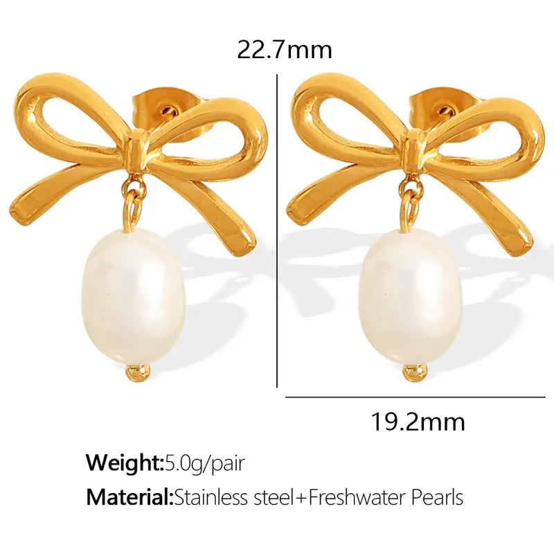 1 Pair Elegant Streetwear Bow Knot Plating Inlay 304 Stainless Steel Artificial Pearls 18K Gold Plated Drop Earrings