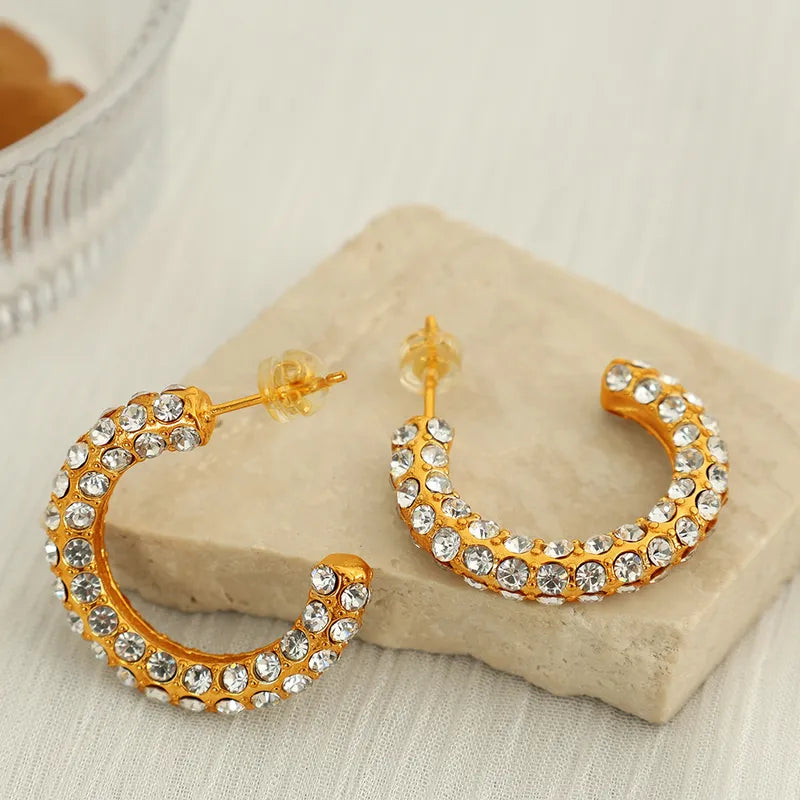 1 Pair Elegant Streetwear C Shape Polishing Plating Inlay 304 Stainless Steel Artificial Pearls Rhinestones 18K Gold Plated Ear Studs