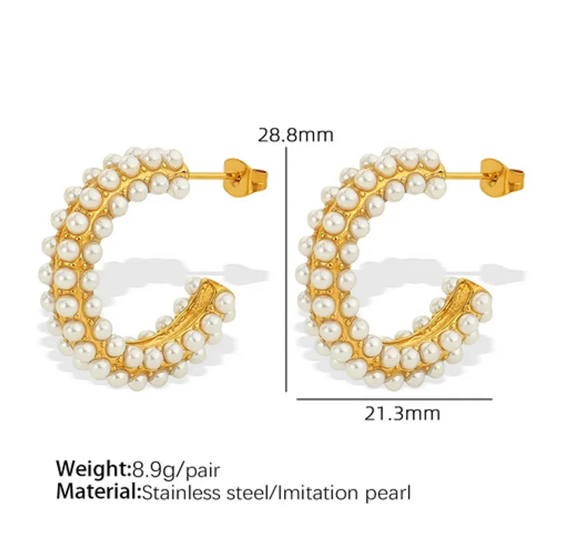 1 Pair Elegant Streetwear C Shape Polishing Plating Inlay 304 Stainless Steel Artificial Pearls Rhinestones 18K Gold Plated Ear Studs