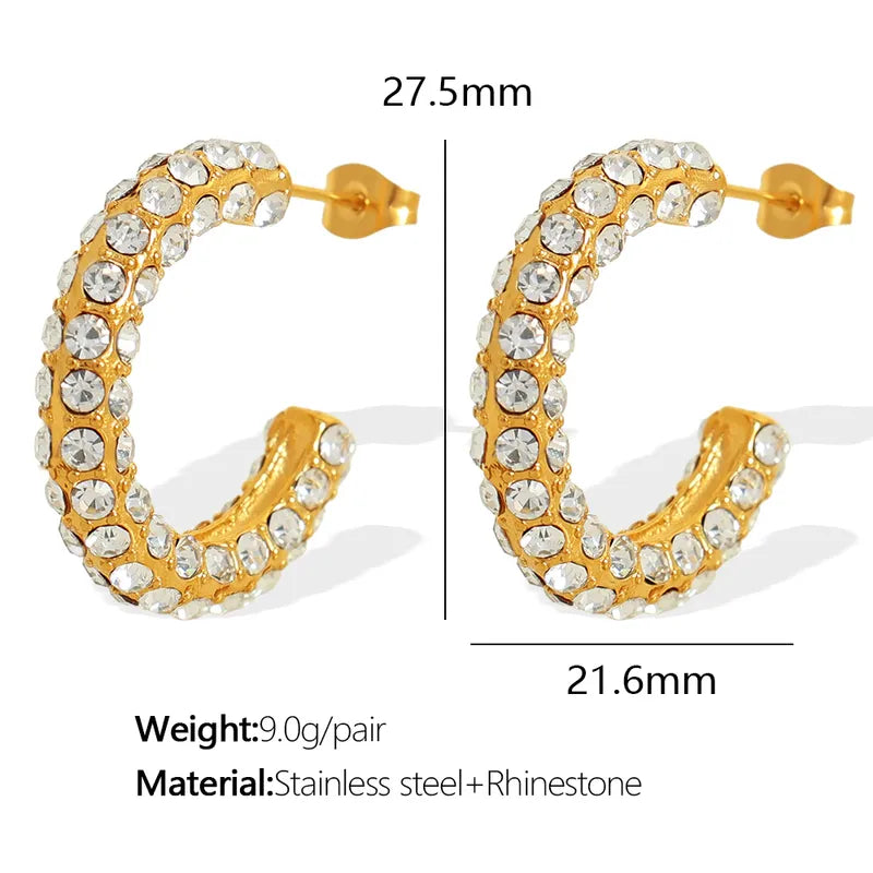 1 Pair Elegant Streetwear C Shape Polishing Plating Inlay 304 Stainless Steel Artificial Pearls Rhinestones 18K Gold Plated Ear Studs