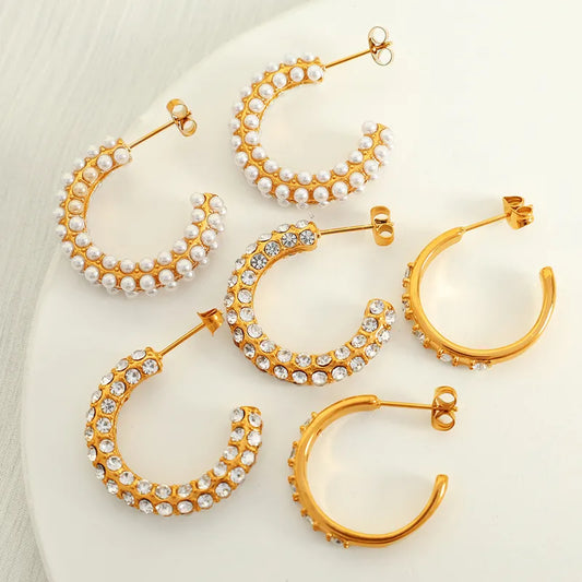 1 Pair Elegant Streetwear C Shape Polishing Plating Inlay 304 Stainless Steel Artificial Pearls Rhinestones 18K Gold Plated Ear Studs