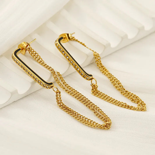 1 Pair Elegant Streetwear Lines Chain Inlay 304 Stainless Steel Rhinestones 18K Gold Plated Drop Earrings